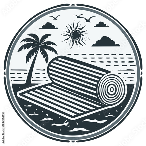 Tropical beach scene with rolled beach towel and palm tree under sunny sky