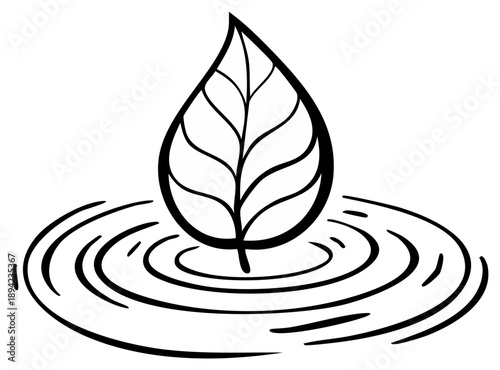 Black and white illustration of a single leaf floating on rippling water creating calm circular waves