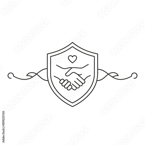 Simple line art illustration of handshake and heart inside a shield.