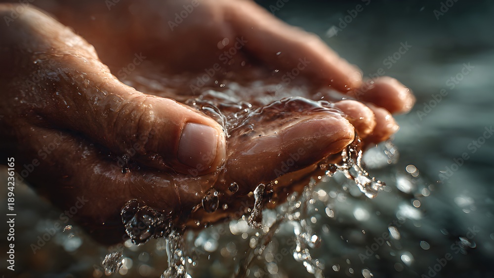 Fototapeta premium Close-up of two hands gently holding water as a symbol of life and purity