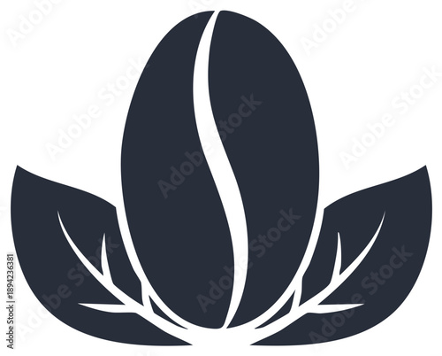 Dark coffee bean with leaves emblem representing organic beverage and natural essence