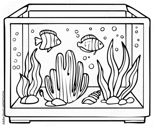 Simple Aquarium Outline Drawing with Exotic Fish and Plants, Coloring Page