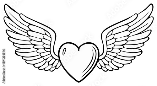 Heart shape with feathered wings, romantic design element, love concept illustration