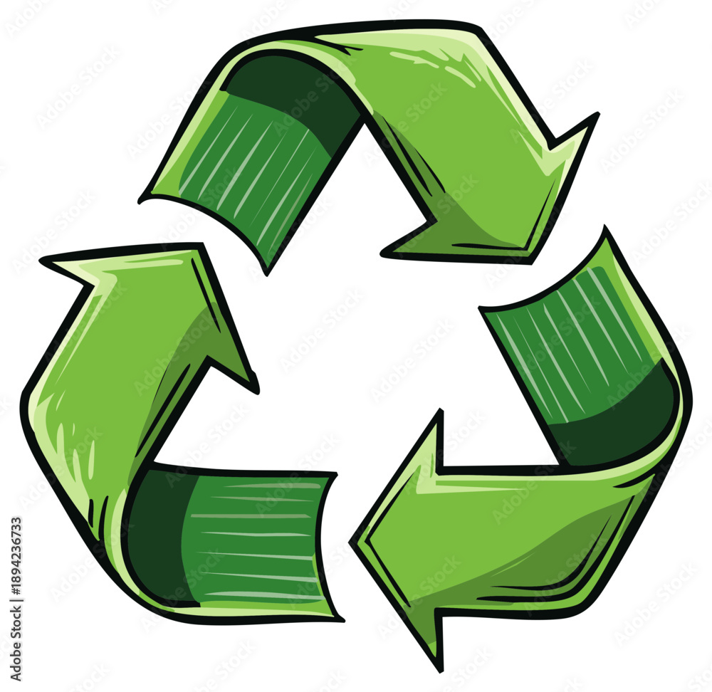 Fototapeta premium Hand-drawn green recycling symbol with arrows forming a triangle representing environmental sustainability
