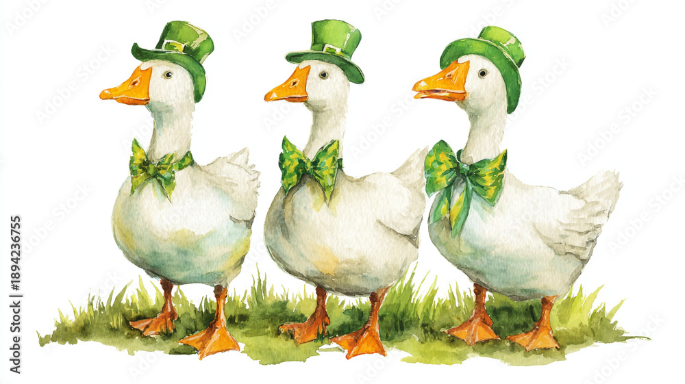 Obraz premium Watercolor drawing of three white geese in the style of Patrick Day day. Goose and decorated with clover leaves.