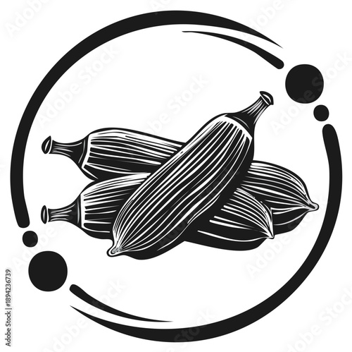 Cardamom Pods in Stylized Circle Graphic Aromatic Spice Ingredient Culinary Flavoring in Black and White