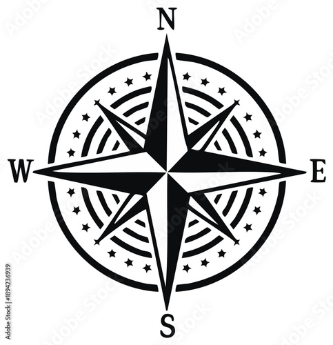 Monochrome compass rose illustration with direction signs and star detail, navigating equipment, navigation, orientation tool for adventurers