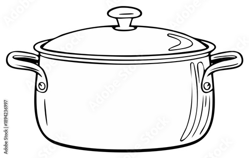 Simple black and white drawing of a cooking pot with handles and a lid for food preparation