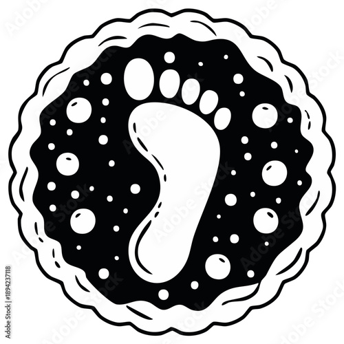 Stylized Footprint Icon with Bubbles and Scalloped Border