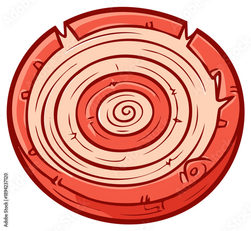 Cartoon illustration of a red tree stump cross section with spiral growth rings