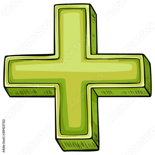 Hand drawn green 3D plus symbol for addition or positive concepts