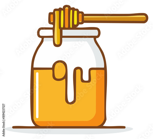 Cartoon style honey jar with dipper dripping golden sweet liquid vector illustration