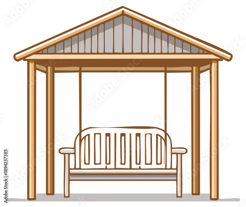 Illustration of a wooden swing bench under a shelter roof, cartoon style park seating, outdoor rest spot with roof