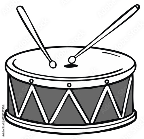 Drum and drumsticks graphic illustration in simple line art style