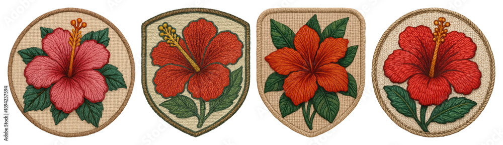 Fototapeta premium PNG Colorful embroidered hibiscus patches on transparent background