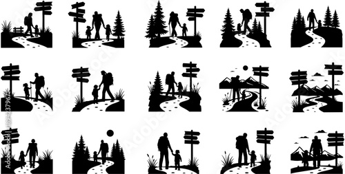Set of black silhouettes featuring a father and child hiking on a nature trail with mountains, trees, and wooden signposts for outdoor adventure.