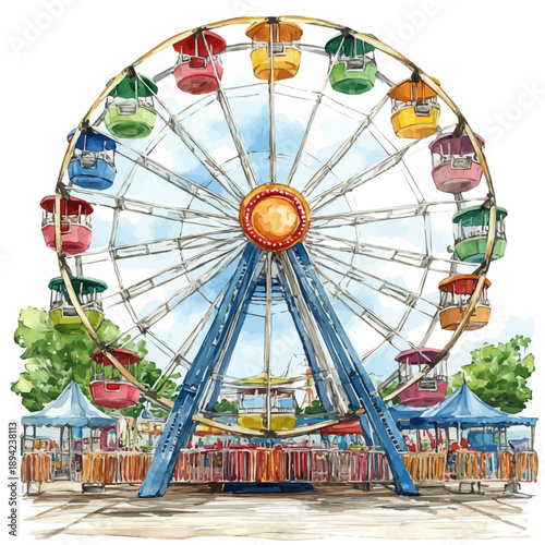 watercolor of Summer Fair Ferris Wheel, isolated on a white background.