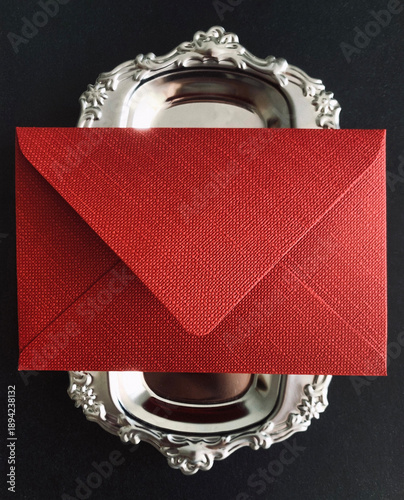 Red envelope on a silver tray
