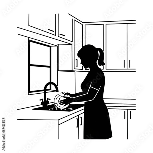 Woman washing dishes in kitchen sink isolated on transparent background.