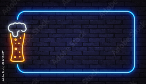 Neon beer glass with foam inside glowing frame on brick wall. Nightlife concept suitable for bars, pubs, menus, or festival promotions.