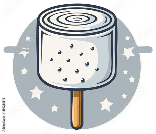 Cute marshmallow pop treat with stars in a round frame, whimsical snack sweet dessert candy illustration, delicious confection on a stick, simple drawing