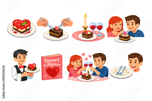 Romantic dining and dessert cartoon illustrations