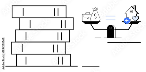Financial balance concept. Financial balance illustrated with money and emotional values being weighed equally. Financial balance for personal finance, investments, well-being, decision making