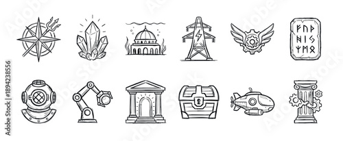 Hand-drawn set of adventure and technology icons featuring a compass, crystal, submarine, robotic arm, and ancient runes in a black and white sketch illustration style