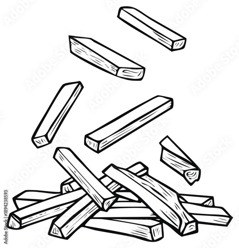 Cartoon style drawing of french fries falling into a pile on a white background