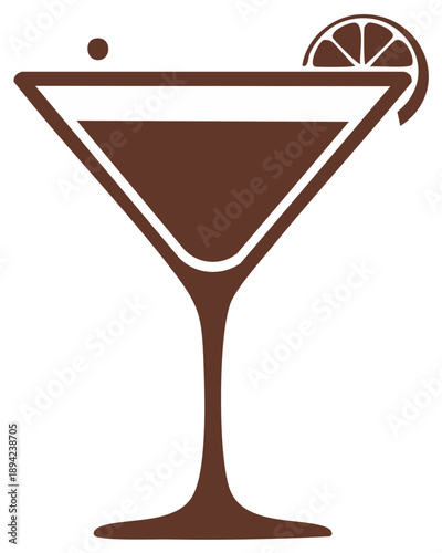 Brown cocktail in a martini glass with an orange slice, vector illustration
