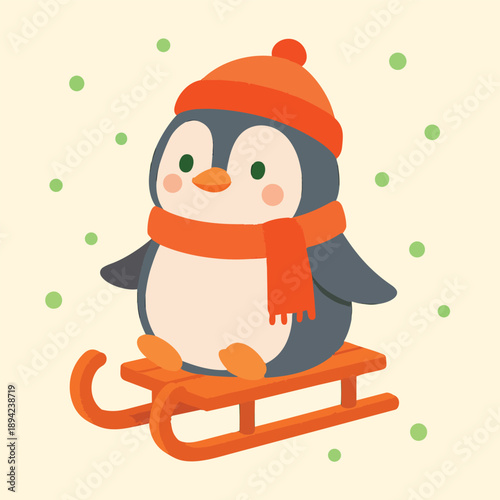 Penguin Cute Fun Holiday Snow Animal Ice Winter Arctic Bird Sledding Toboggan Sled Snowing Snowy Vector Print Design Illustration
