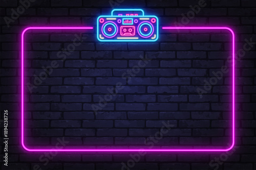 Neon frame with retro boombox glowing on brick wall. Music themed background perfect for party posters, event banners, or creative layouts.
