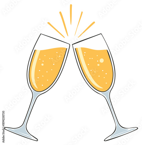 Two champagne glasses clinking with golden bubbles and celebratory sparks