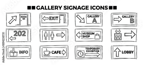 Collection of hand-drawn gallery signage icons showing directions for exit, lobby, cafe, and exhibition rooms in a sketchy, black and white doodle style for wayfinding