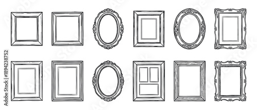 Collection of twelve hand-drawn picture frames in various styles, including simple square, ornate oval, and vintage baroque designs, presented as a black and white sketch illustration set