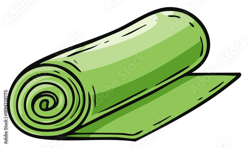 Rolled up green yoga mat cartoon illustration for fitness and wellness