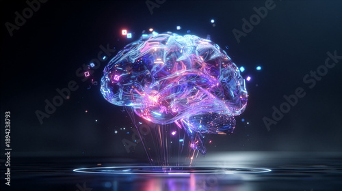 A luminous, futuristic digital brain floating in a dark, cinematic space, composed of glowing neon colors—pink, blue, purple, and cyan. The brain is semi-transparent with intricate circuitry