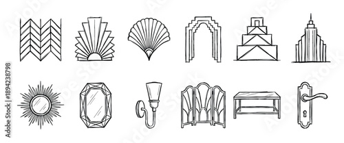 Collection of hand-drawn Art Deco icons featuring furniture, architecture, and decorative elements in a black and white sketch illustration set for vintage 1920s design