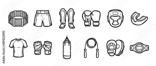 Set of mixed martial arts equipment icons including a cage, gloves, shorts, and punching bag in a hand-drawn black and white line art style for combat sports design