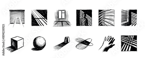 Set of black and white hand-drawn sketches explores the interplay of light and shadow on geometric shapes, a hand, and window blinds in an expressive, high-contrast artistic study