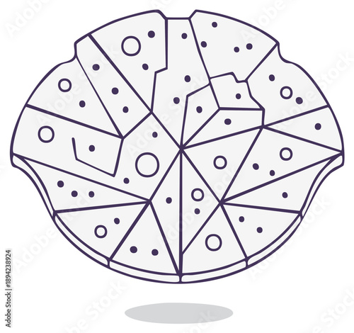 Top view of a partly eaten pizza with triangular slices and cheese holes, hand drawn style illustration, fast food concept, Italian cuisine, food illustration