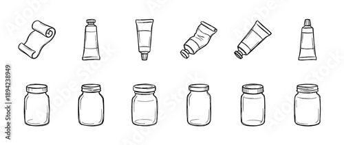 Hand-drawn collection of container illustrations including paint tubes, a paper scroll, and empty glass jars in a simple black and white line art doodle style