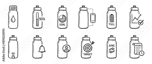 Hand-drawn smart water bottle icon set illustrating hydration tracking features like goals, sync, and history in a simple black and white doodle style for health and fitness apps