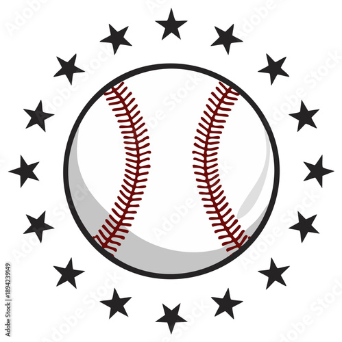 Baseball with star shaped icons, sports graphic, illustration, sports equipment, ball and stitch details, round frame