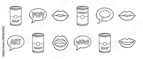 Set of pop art inspired doodle icons featuring soup cans, expressive lips, and comic book speech bubbles in a minimalist black and white line art style