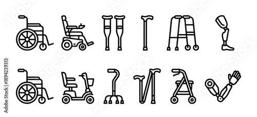 Mobility aid and prosthetic device icons featuring a wheelchair, crutches, walker, cane, and artificial limbs in a simple black and white line art vector illustration set