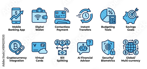 Set of blue fintech and digital banking line icons illustrating mobile payment, cryptocurrency, savings goals, and security concepts for modern financial technology