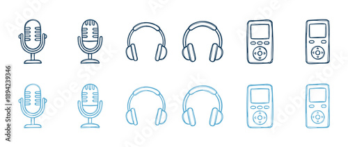 Collection of hand-drawn audio icons including microphones, headphones, and portable music players in a sketchy blue outline style for podcasting and music concepts