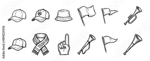 Hand-drawn sports fan attribute icon set with baseball caps, a bucket hat, scarf, foam finger, flags, and horns in a black and white sketch doodle illustration style