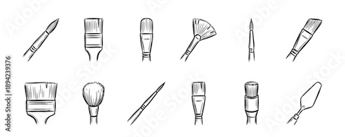 Set of various artist paintbrushes and a palette knife in a hand-drawn black and white sketch style, showcasing different shapes and sizes for painting and creative artwork